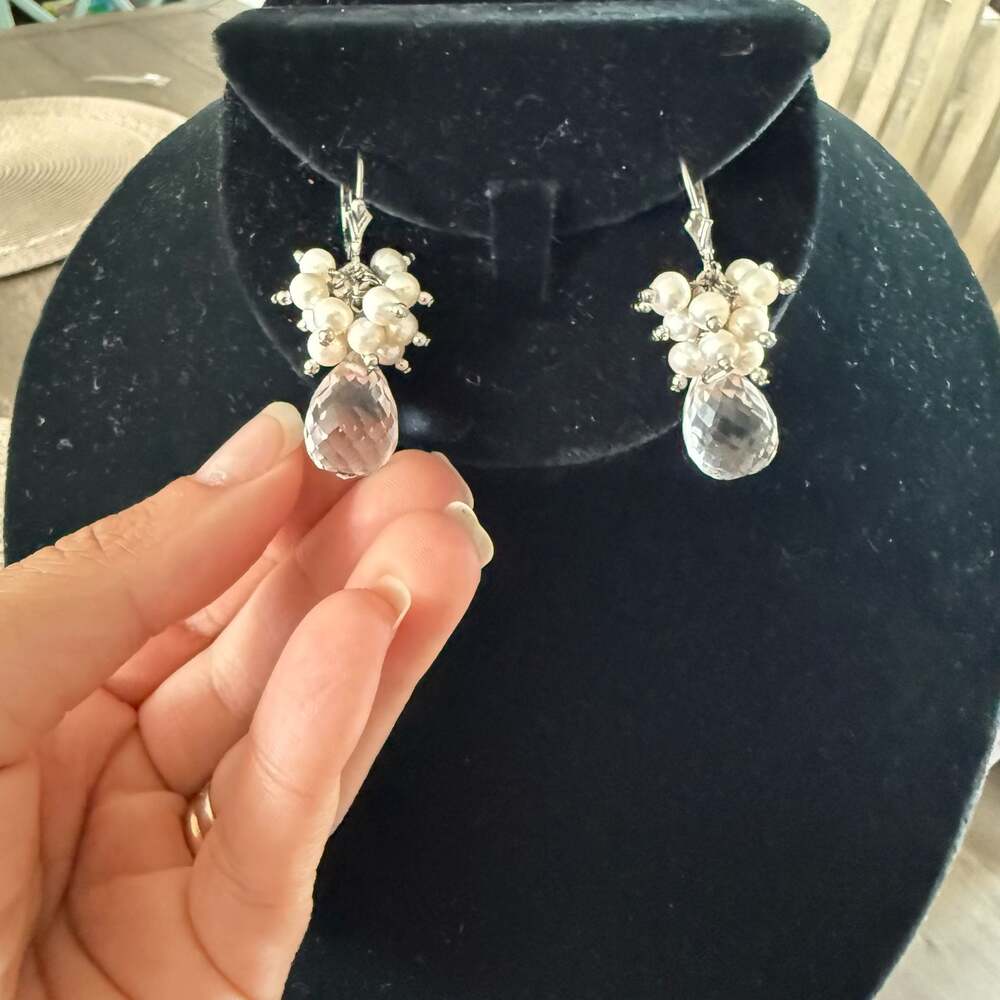 Sterling Silver Faceted Rock Crystal Quartz and Pearl Cluster Drop Earrings